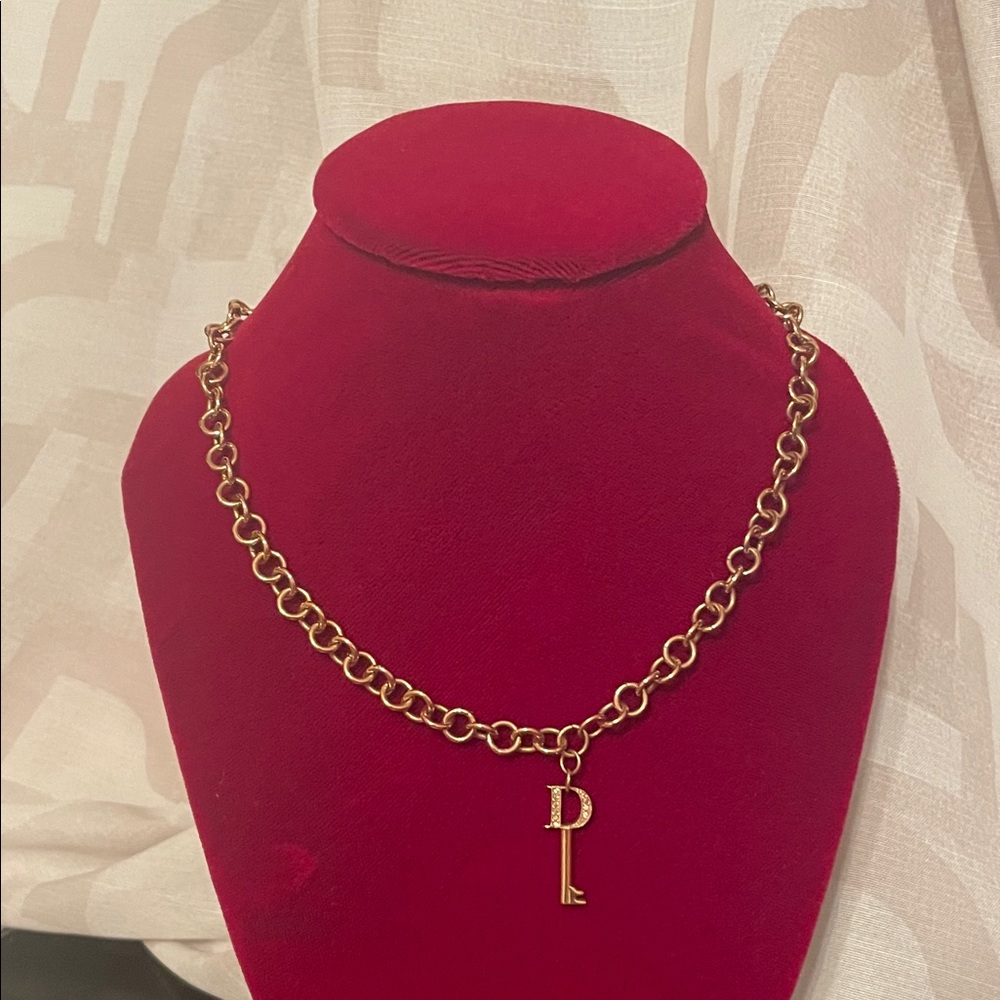 DIOR VINTAGE Gold-Tone Chain Necklace with D Letter Key Pendant GOLD PLAYED